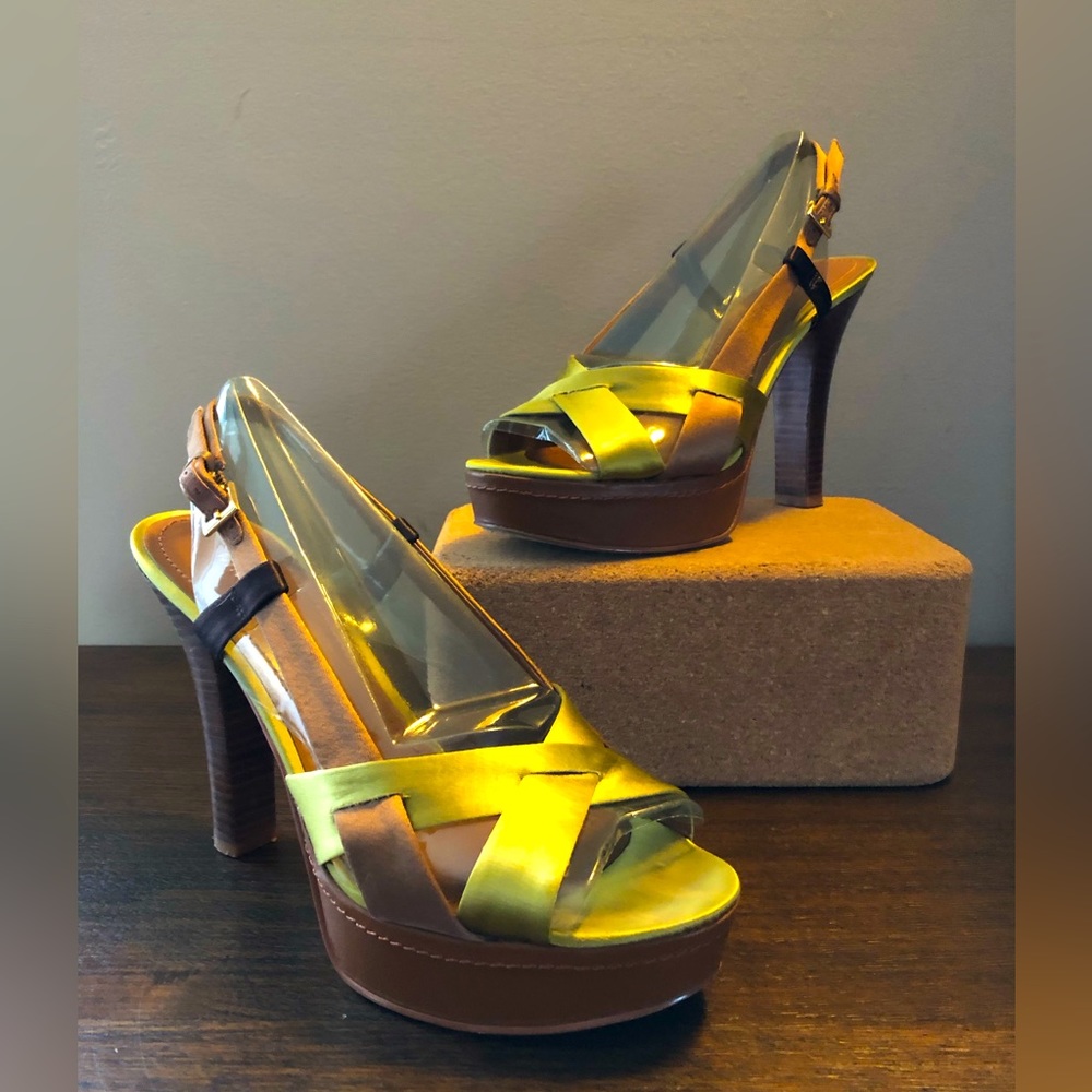 Lime green satin & brown leather peep toe platform sling back pumps